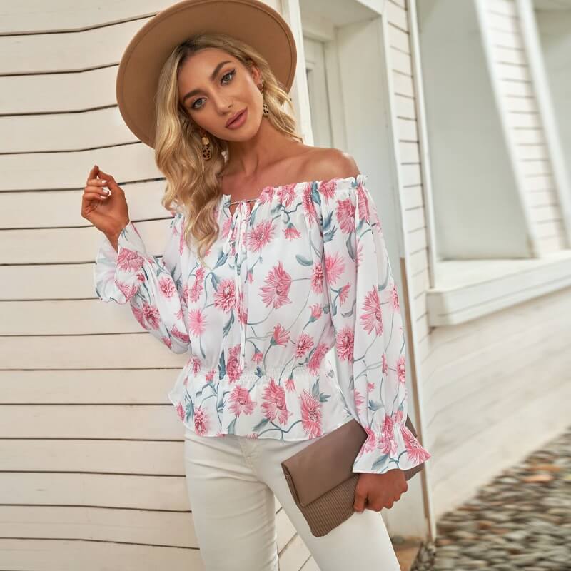 Geblümte Damen Chiffon-Bluse mit Rüschenärmeln – Elvira