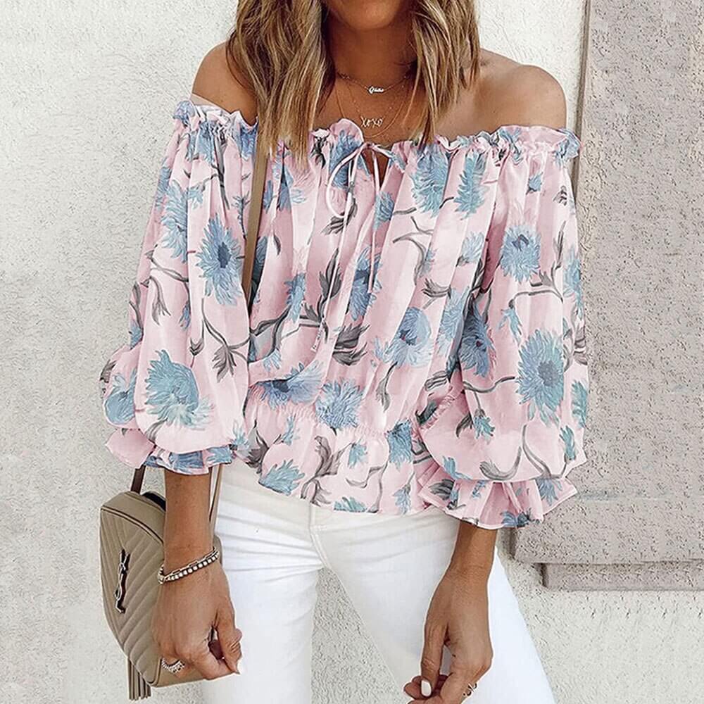 Geblümte Damen Chiffon-Bluse mit Rüschenärmeln – Elvira
