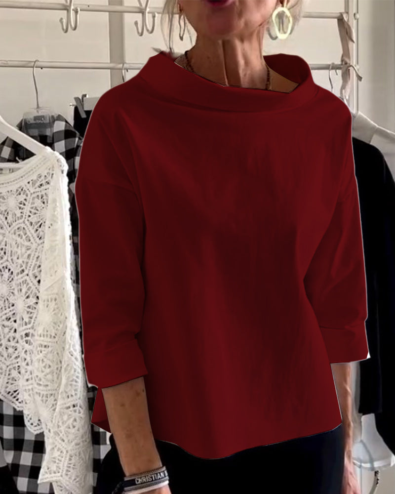 Damen Herbstbluse mit hohem Kragen und 3/4-Ärmeln – Mireille