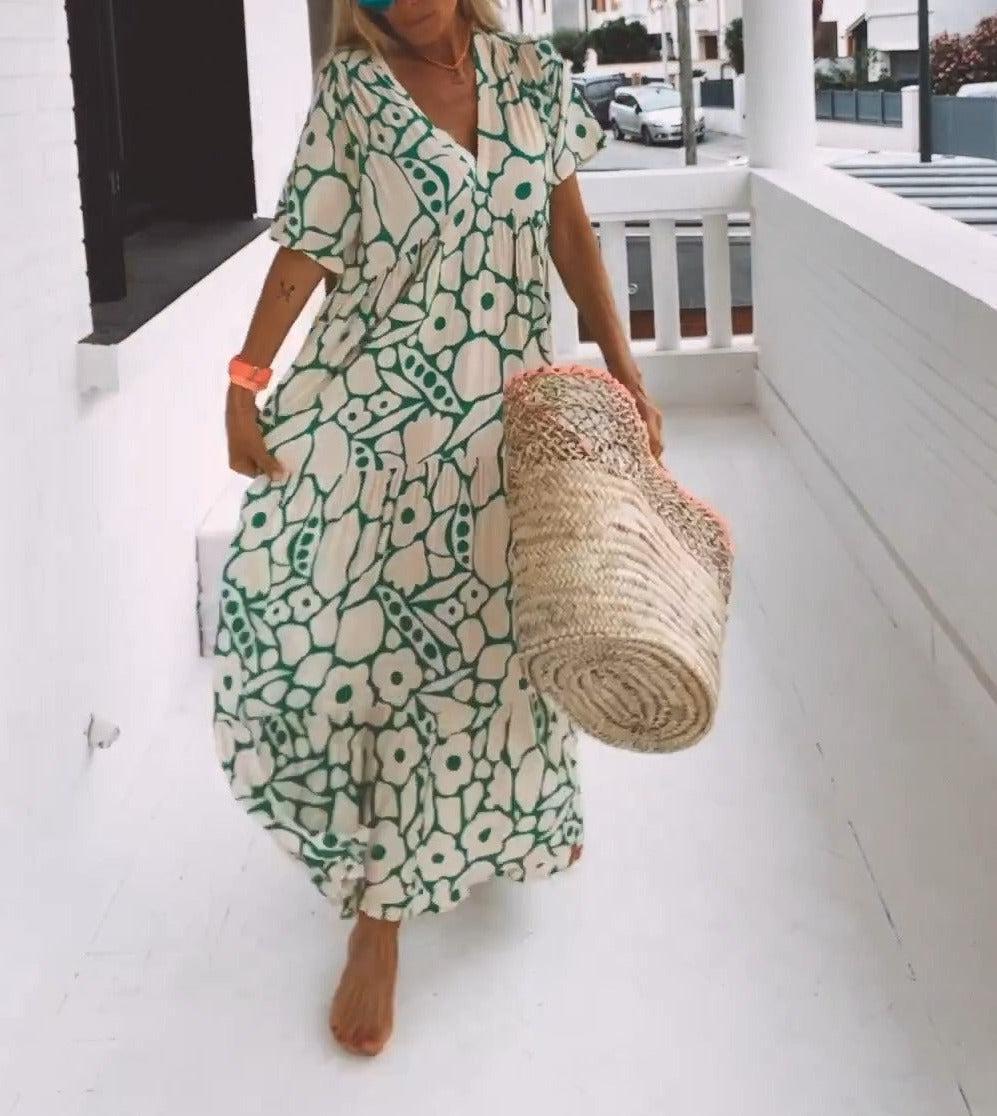 Grünes Maxikleid mit kurzen Ärmeln und Druck – Elisa