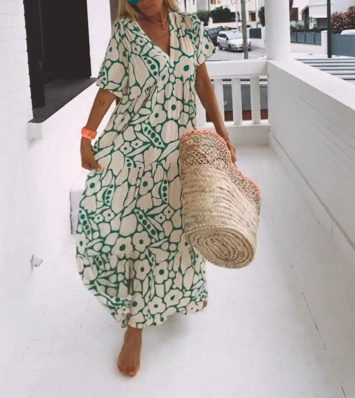 Grünes Maxikleid mit kurzen Ärmeln und Druck – Elisa