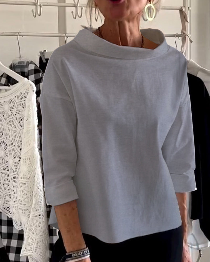 Damen Herbstbluse mit hohem Kragen und 3/4-Ärmeln – Mireille