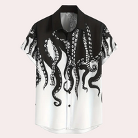 Schwarz-weißes Hemd mit Oktopus-Design, kurzärmelig, Baumwolle, modisch, Herrenmode.