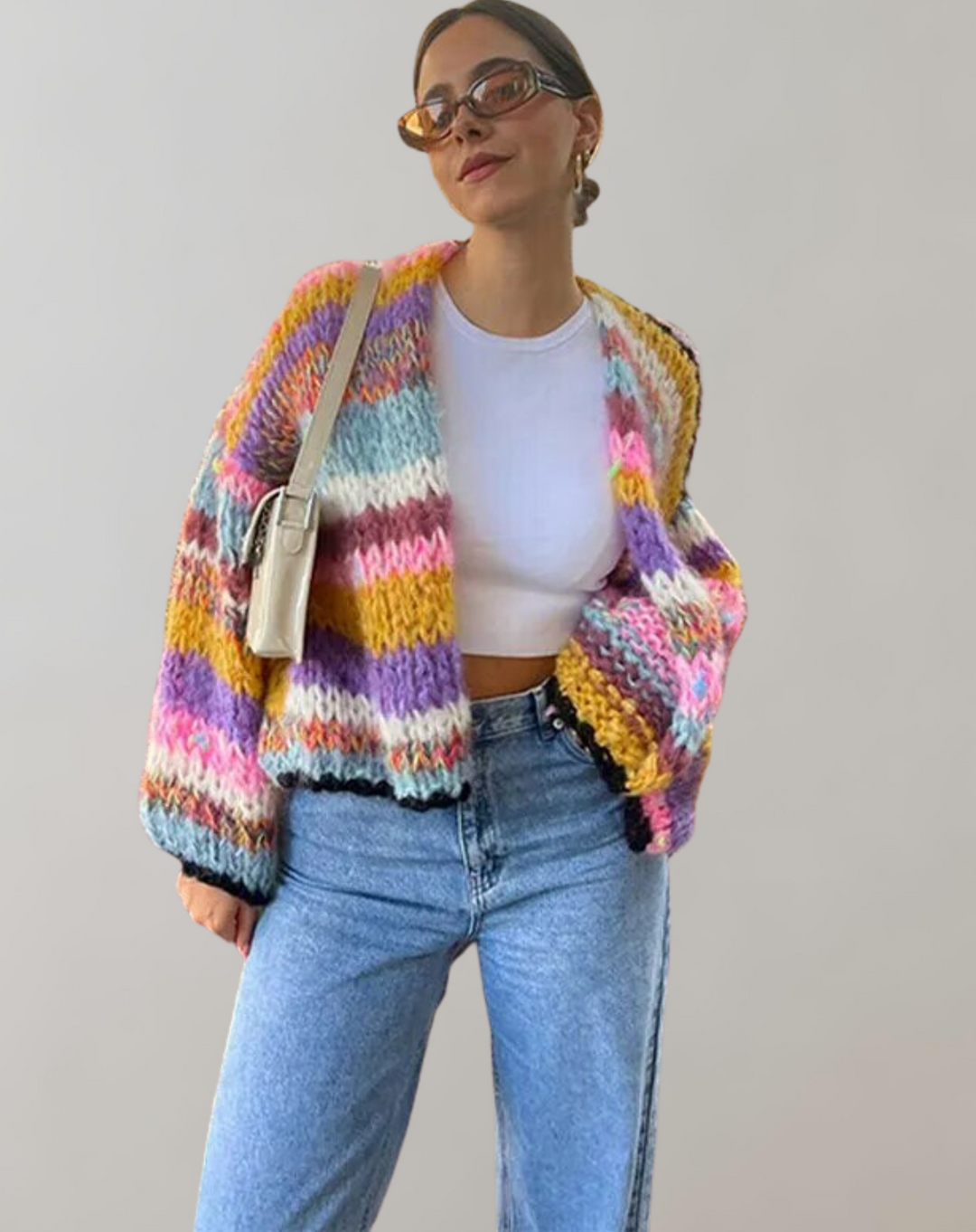 Farbenfrohes Strickdamenjacke mit offener Vorderseite – Ylva