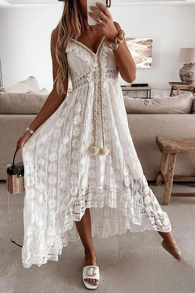Weiße Spitzenfransen-Kleid - Élodie