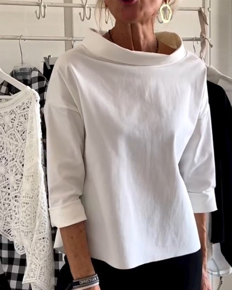 Damen Herbstbluse mit hohem Kragen und 3/4-Ärmeln – Mireille