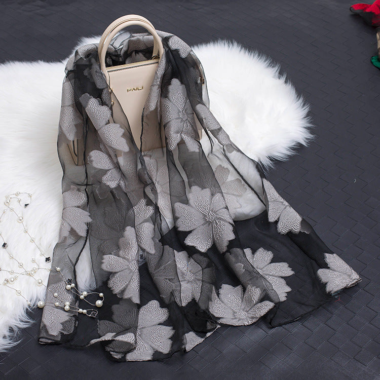 Trendy Women's Silk Scarf with Floral Pattern and Cut-Out Design – Fiora (1+1 FREE)