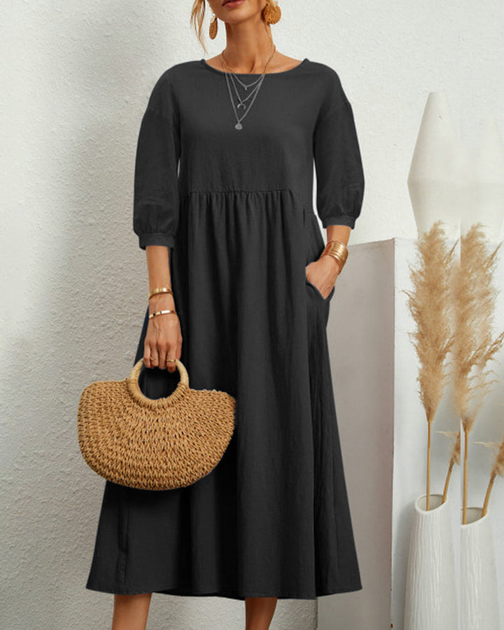 Midikleid mit Rundhalsausschnitt & Laternenärmeln – Selina