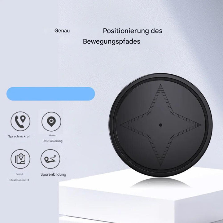 Schwarzer GPS-Tracker für Haustiere, rund, mit Sprachsteuerung und Bewegungsverfolgung.