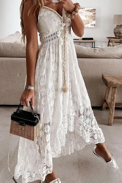 Weiße Spitzenfransen-Kleid - Élodie
