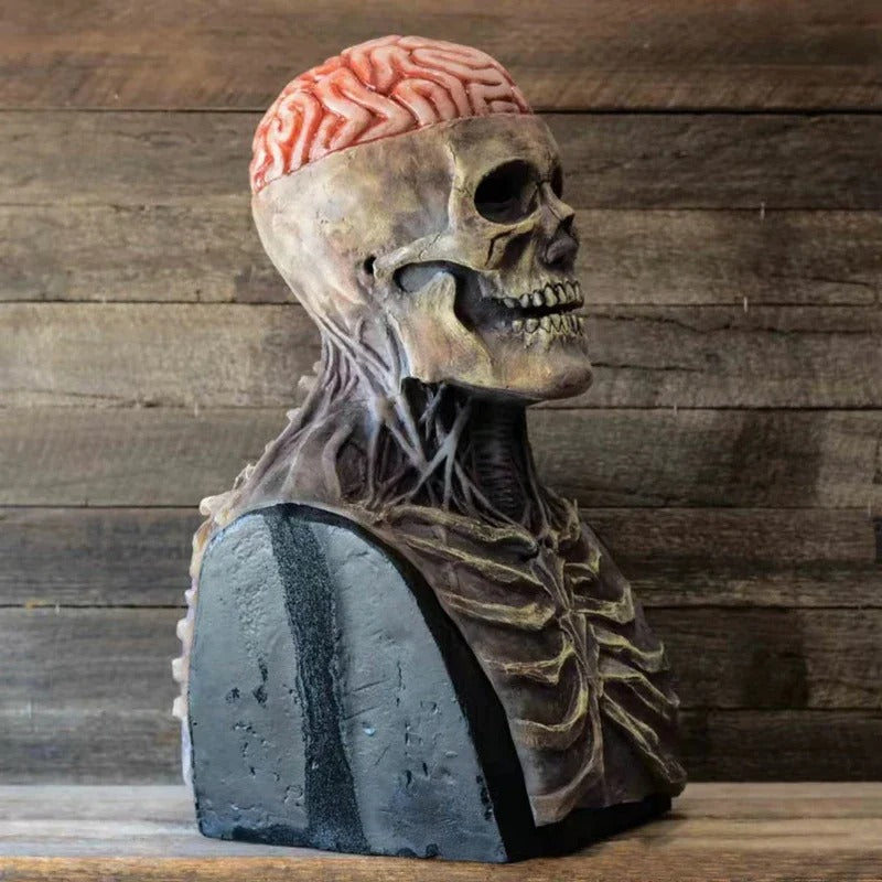 3D-Schädelmodell mit sichtbarem Gehirn, anatomische Dekoration, realistisch, Holzoptik.