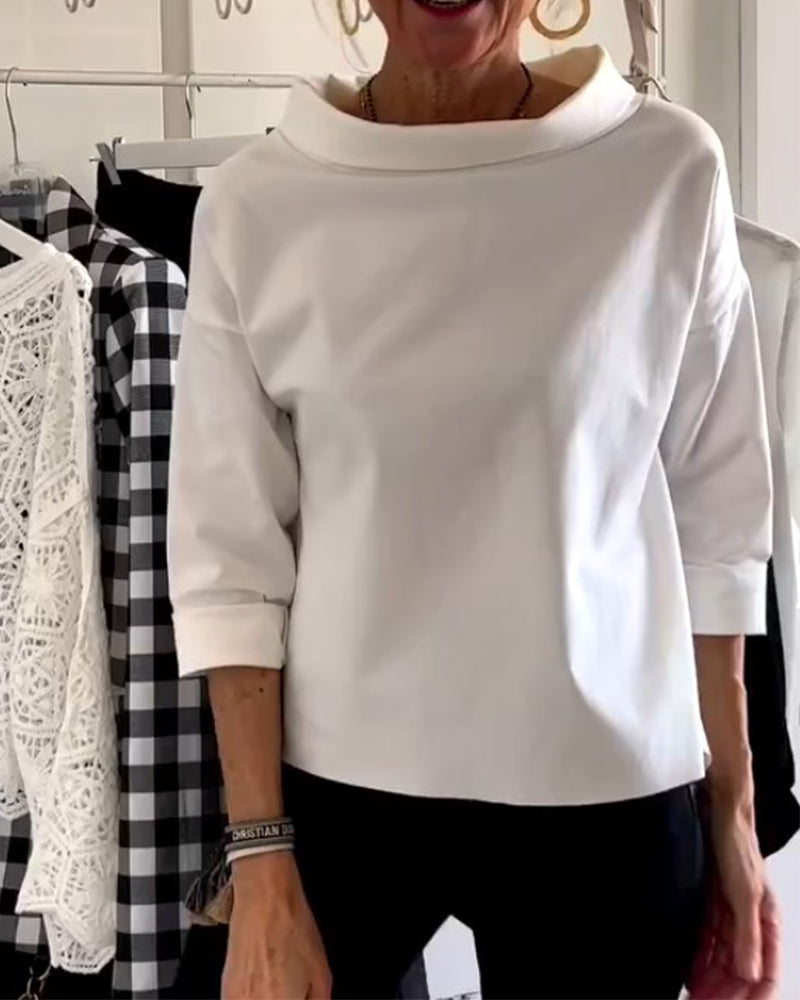 Damen Herbstbluse mit hohem Kragen und 3/4-Ärmeln – Mireille
