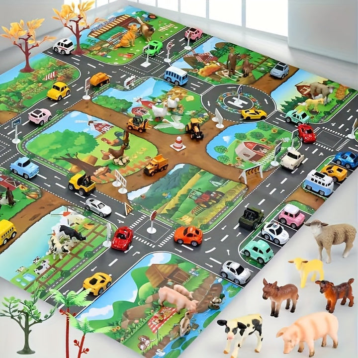 Kinder Spielteppich mit Bauernhof- und Verkehrsthema - DuoPlay