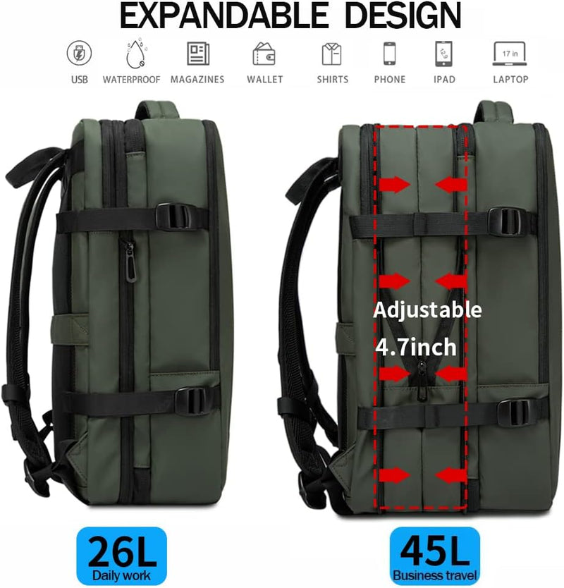 Erweiterbarer 26–45L Wasserdichter Reiserucksack mit Laptopfach & Duffle-Option