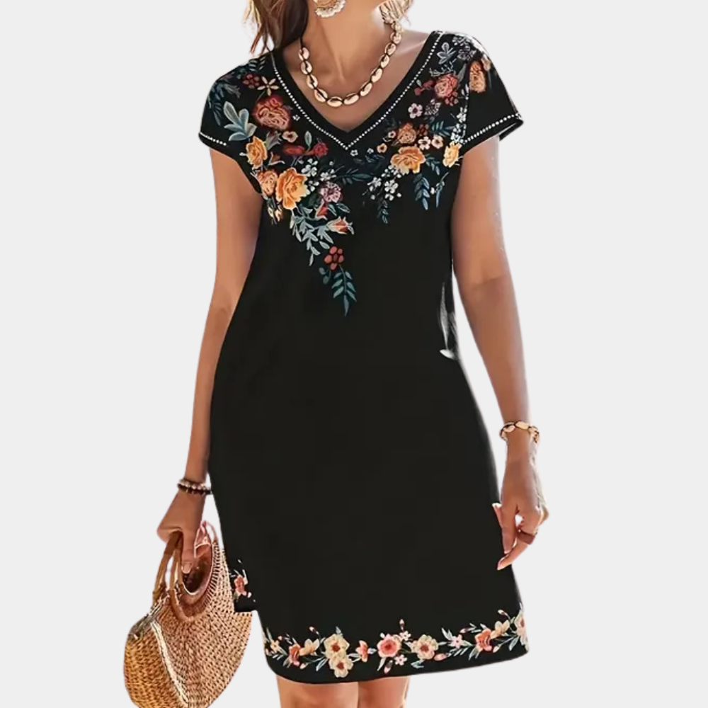 Schwarzes Sommerkleid mit Blumenmuster, V-Ausschnitt, kurze Ärmel, Damenmode, elegant.