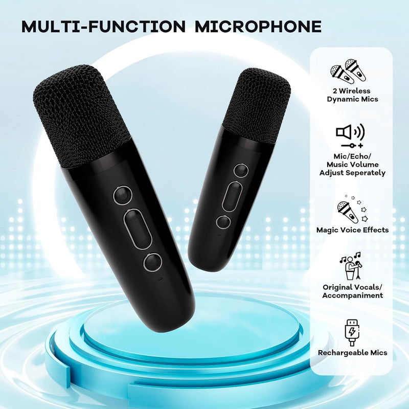 Tragbare Mini-Karaoke-Maschine mit Bluetooth-Lautsprecher und 2 kabellosen Mikrofonen – Veylo
