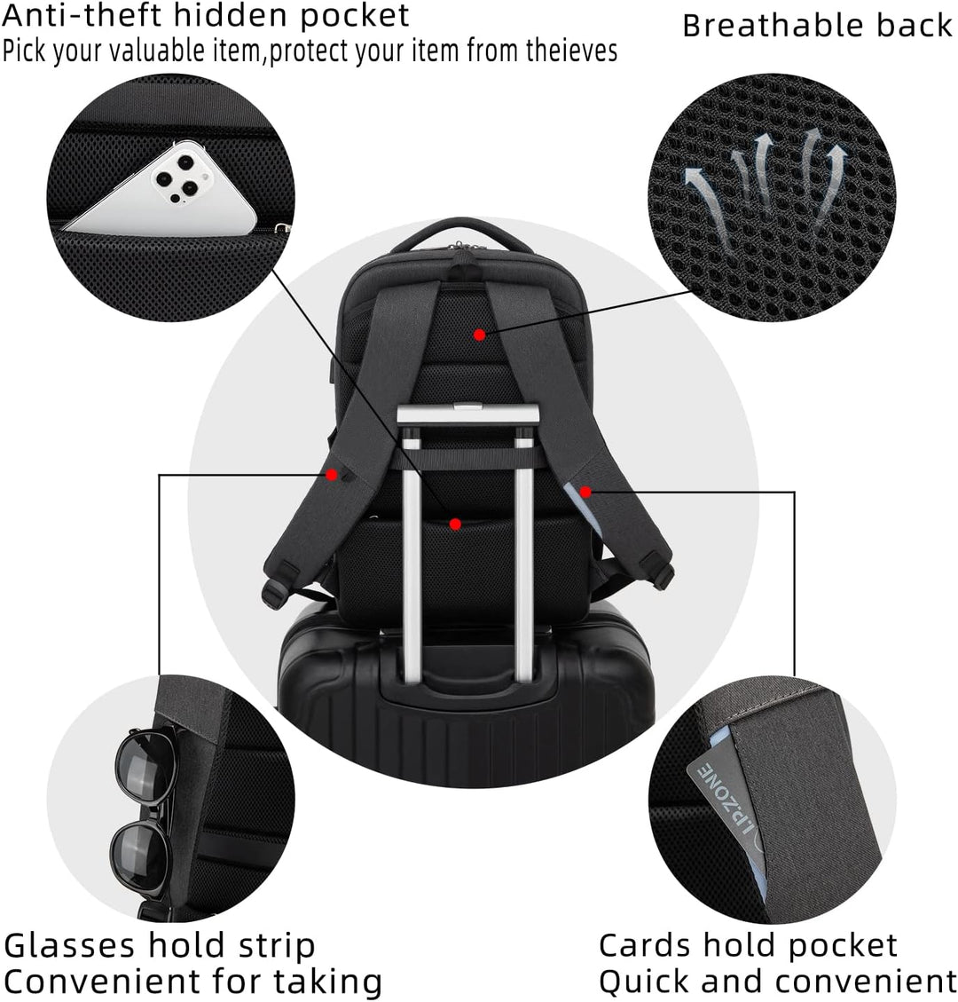 Wasserdichter Reise-Laptoprucksack mit USB-Anschluss und organisierter Aufbewahrung