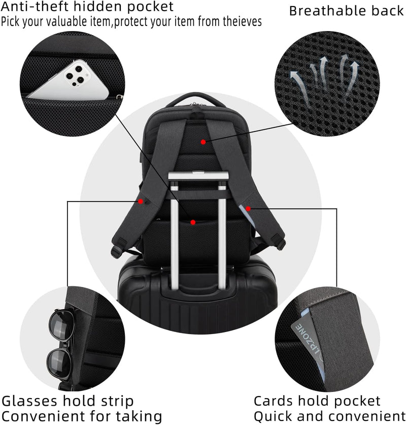 Wasserdichter Reise-Laptoprucksack mit USB-Anschluss und organisierter Aufbewahrung