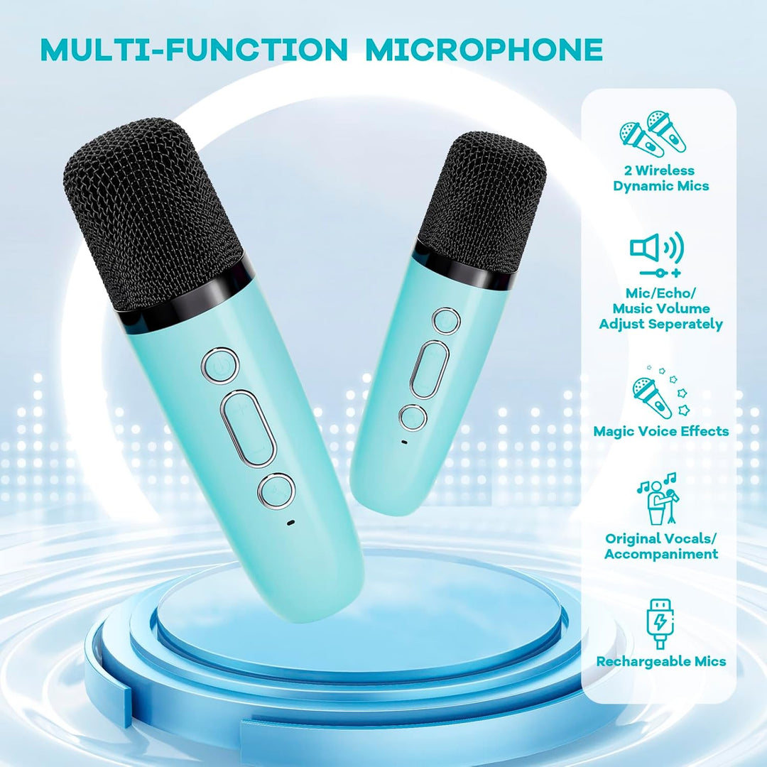 Tragbare Mini-Karaoke-Maschine mit Bluetooth-Lautsprecher und 2 kabellosen Mikrofonen – Veylo