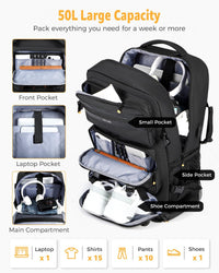 50L Flugbereiter Konvertierbarer Reiserucksack mit Schuhfach & USB-Anschluss