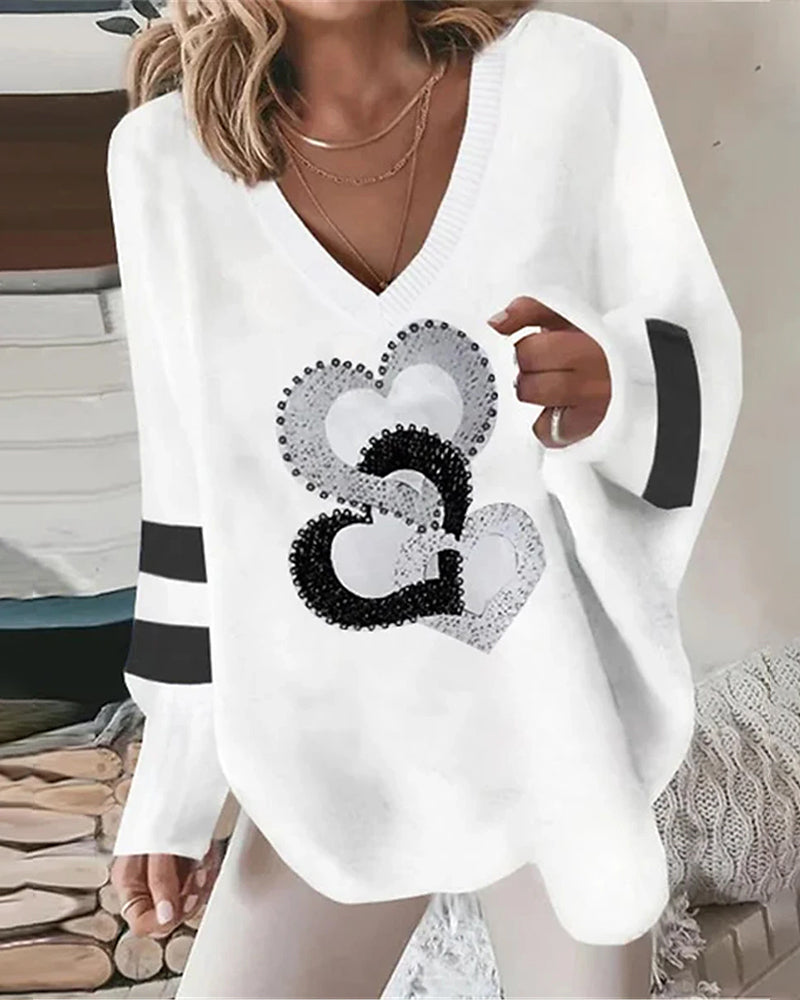 Damen Pullover mit Herzmuster & V-Ausschnitt – Milena