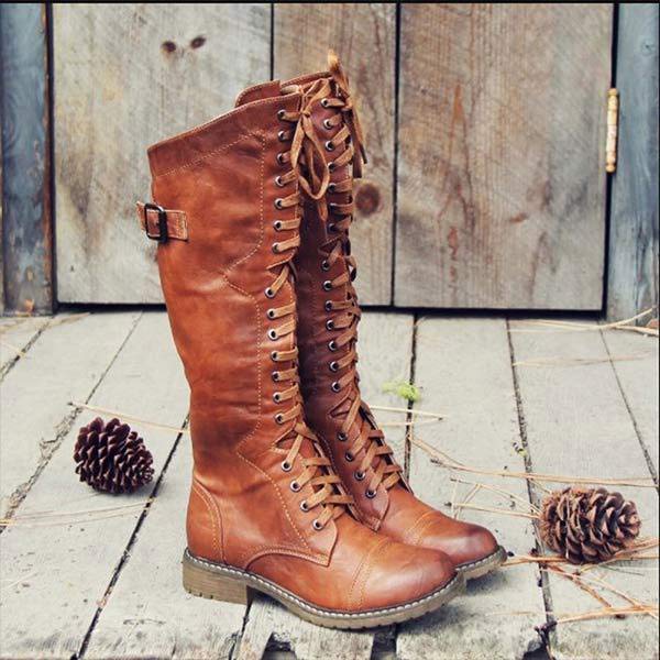 Kniehohe Leder-Damenstiefel mit Schnürung und orthopädischem Komfort – Soraya