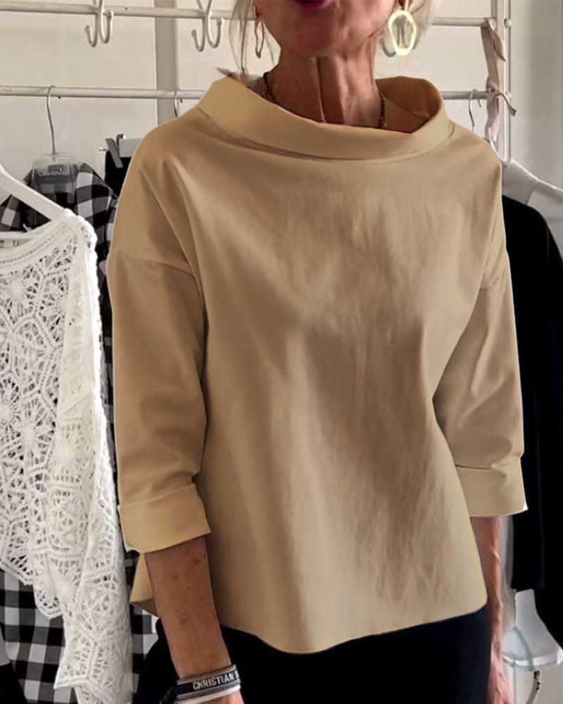 Damen Herbstbluse mit hohem Kragen und 3/4-Ärmeln – Mireille
