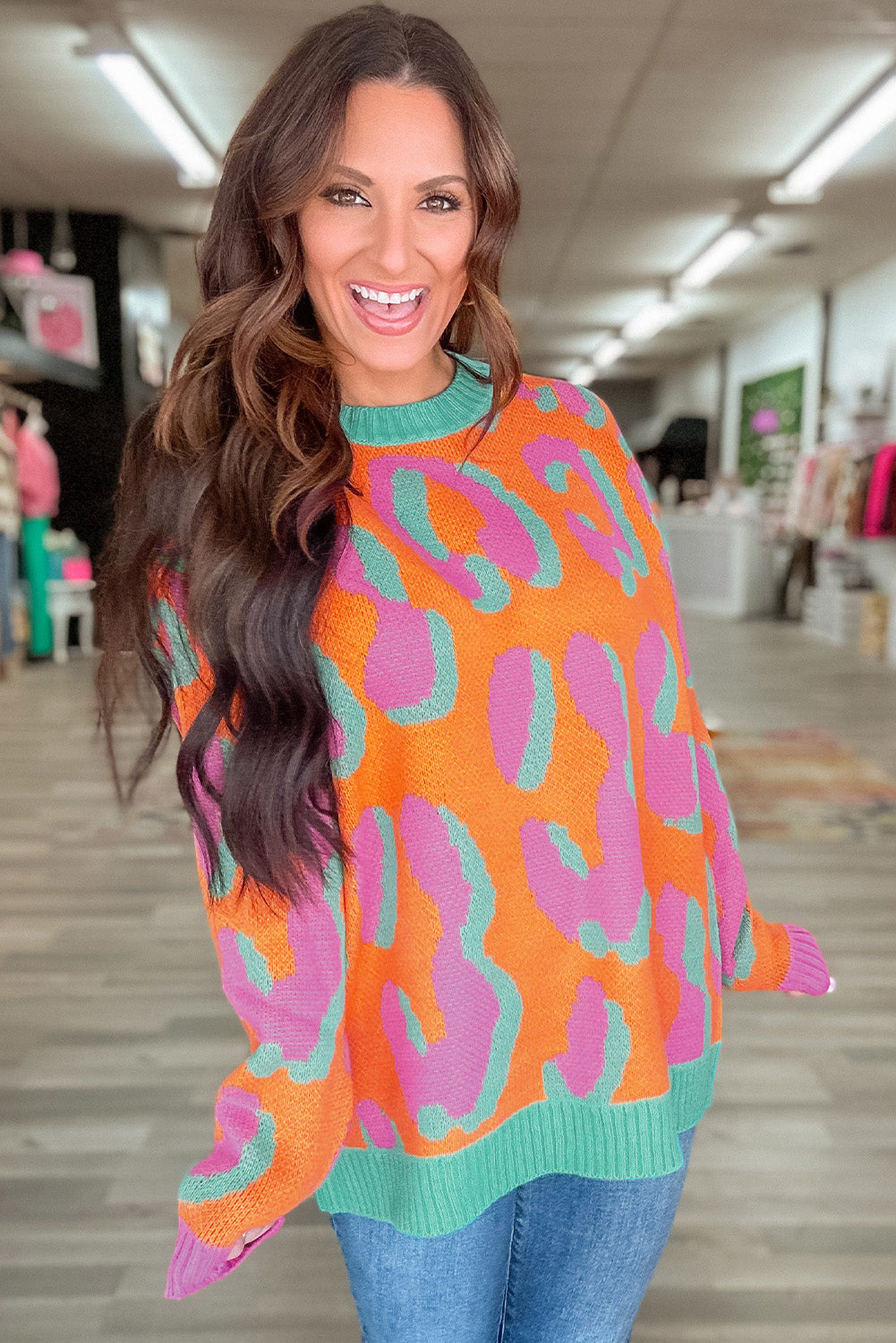 Damenpullover mit Colorblock-Leopardenmuster und Rundhalsausschnitt – Liora