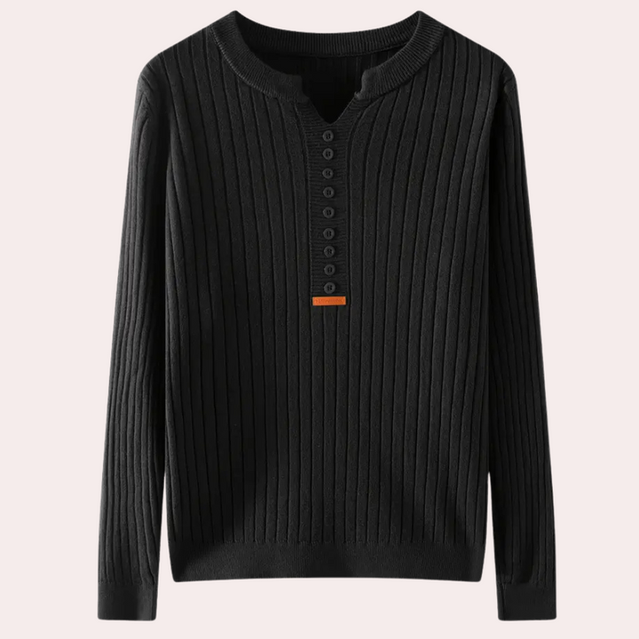 Schwarzer Strickpullover mit Knopfleiste, Herrenmode, elegantes Design, Herbstbekleidung.
