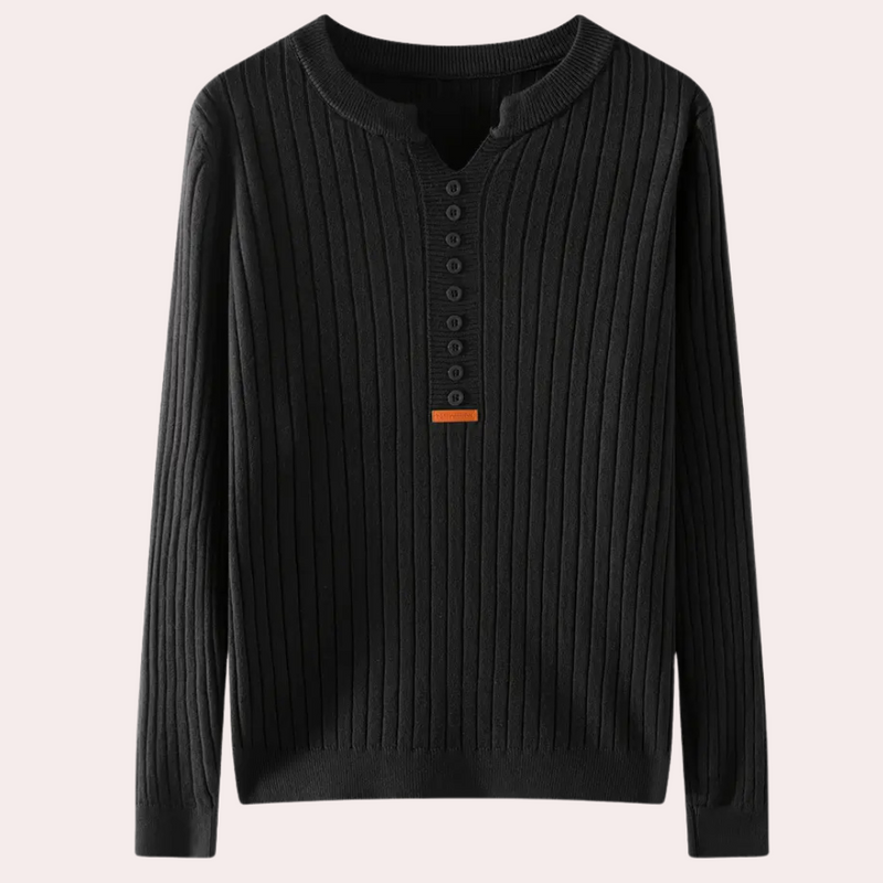Schwarzer Strickpullover mit Knopfleiste, Herrenmode, elegantes Design, Herbstbekleidung.