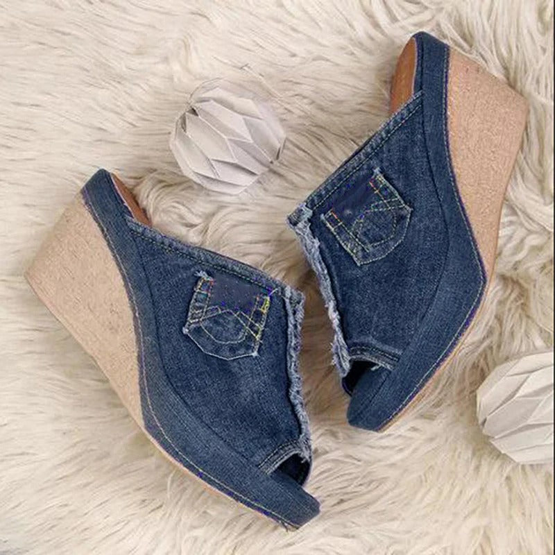 Damen Denim-Sandalen mit Keilabsatz – Elisabetta
