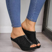 Damen Denim-Sandalen mit Keilabsatz – Elisabetta
