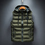 Armeegrüne Steppweste mit Kapuze, Reißverschluss, Herrenmode, Winterbekleidung, Outdoor.