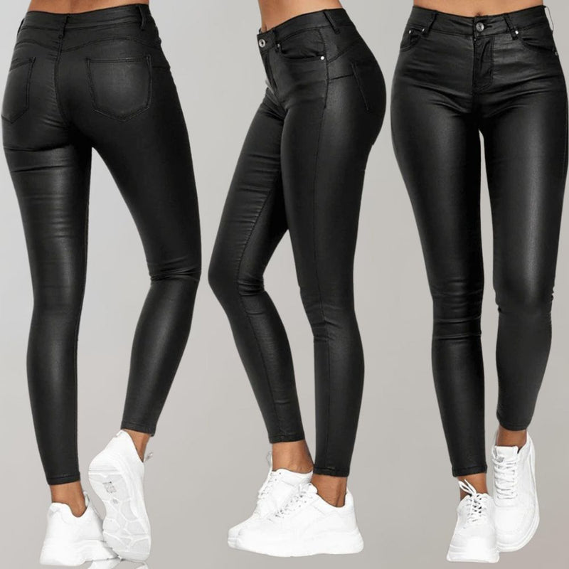 Schwarze Damen-Lederhose, eng anliegend, elegant, bequem, mit Taschen, modisch, vielseitig.