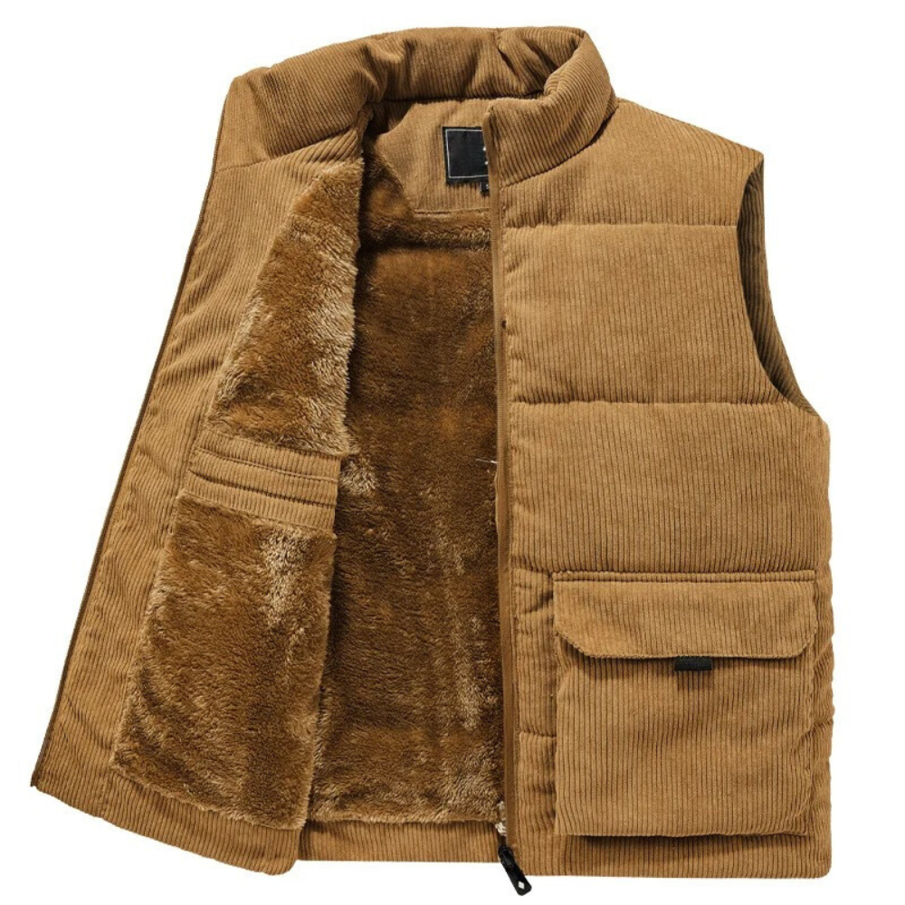 Khaki Cordweste mit Fellfutter, Herrenmode, ärmellos, warm, Freizeitkleidung.