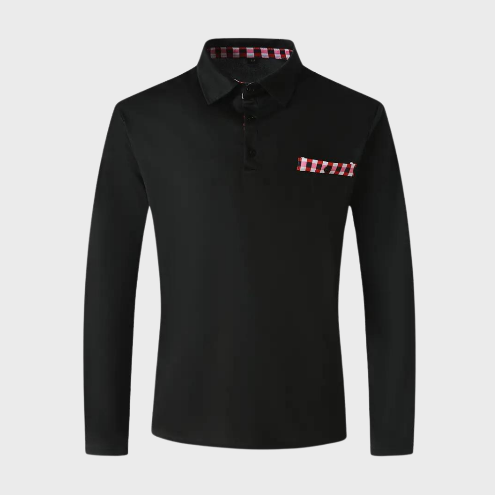 Schwarzes Langarm-Poloshirt mit kariertem Kragen und Brusttasche, Herrenmode.