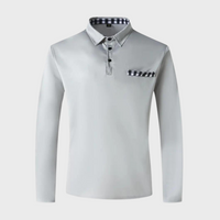 Silbergraues Herren-Poloshirt, langärmelig, kariertes Detail, Baumwolle, modisch.