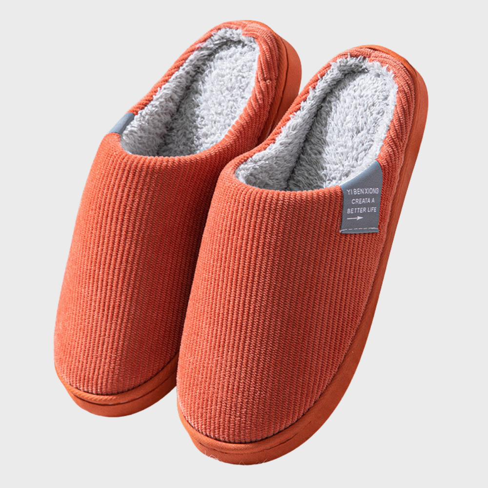 Orange Hausschuhe mit grauem Futter, rutschfeste Sohle, gemütlich, Unisex, Baumwolle.
