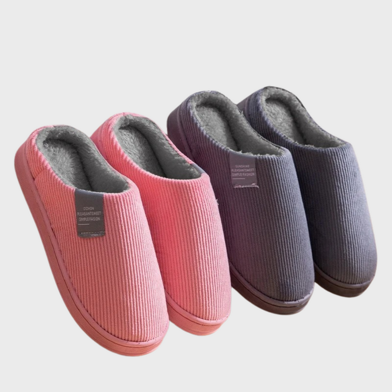 Rosa und graue Cord-Hausschuhe mit Plüschfutter, gemütlich, rutschfest, für Damen und Herren.