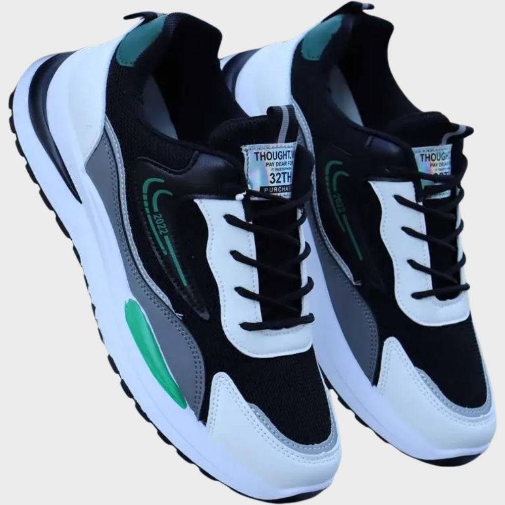 Schwarze Mesh-Sneaker, weiß-grün, atmungsaktiv, sportlich, Herren, modisch, bequem.