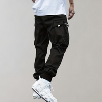 Schwarze Cargo-Hose für Herren, lässig, mit Taschen, Baumwolle, Streetwear, Mode.