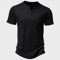 Schwarzes Herren-T-Shirt aus Baumwolle, V-Ausschnitt, kurzärmelig, modisch, bequem.