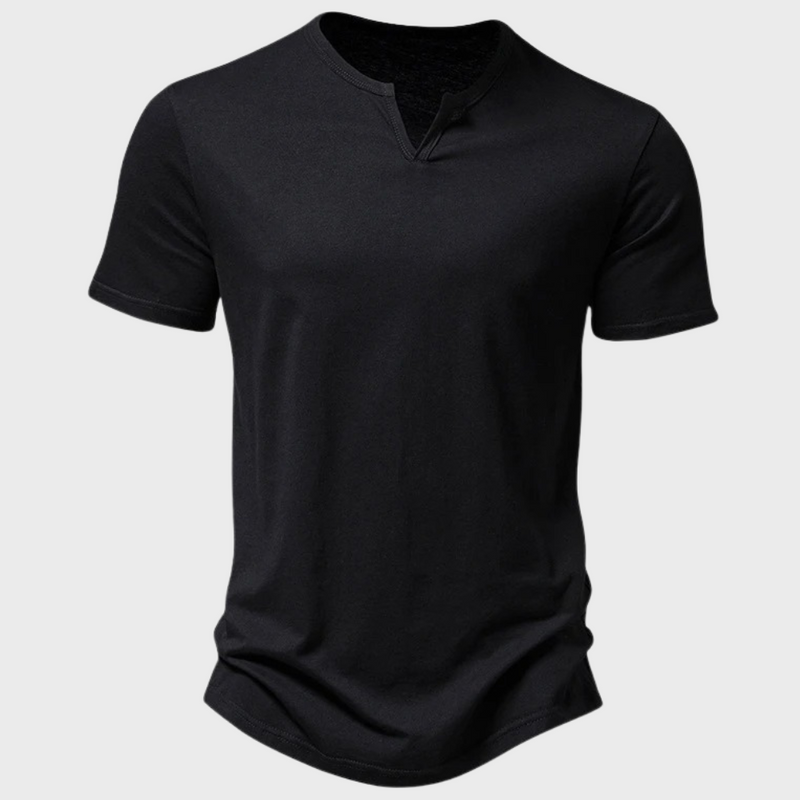 Schwarzes Herren-T-Shirt aus Baumwolle, V-Ausschnitt, kurzärmelig, modisch, bequem.