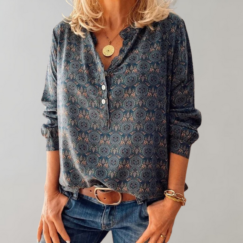 Vintage Damenbluse mit Knopfleiste und Print – Selina