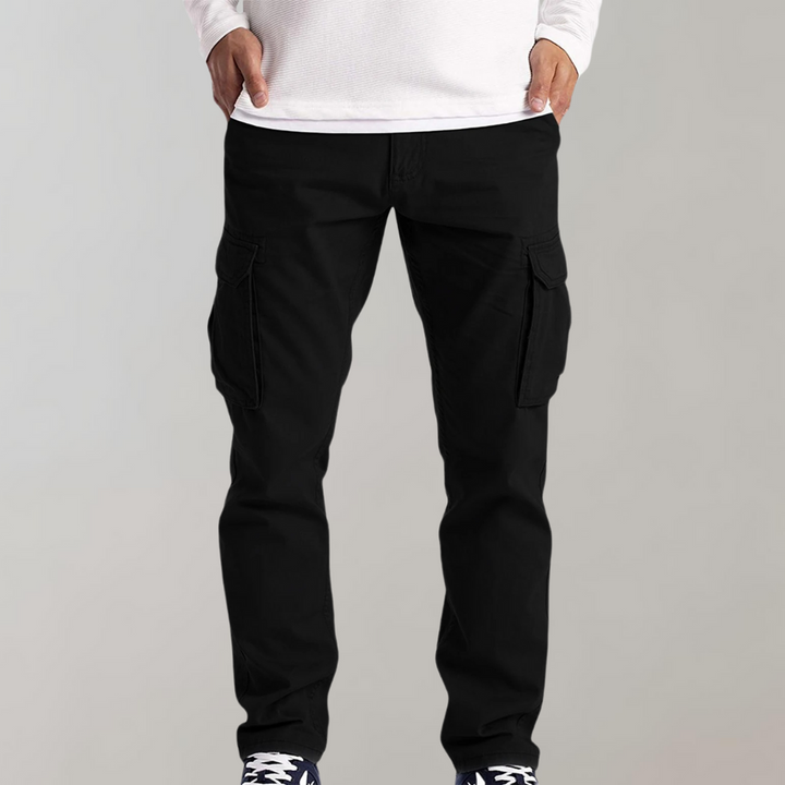 Schwarze Cargo-Hose für Herren, lässig, mit Seitentaschen, ideal für Freizeitkleidung.