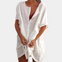 Weiße Leinenbluse Damen, lässig, kurzärmelig, Sommermode, Strandkleidung.