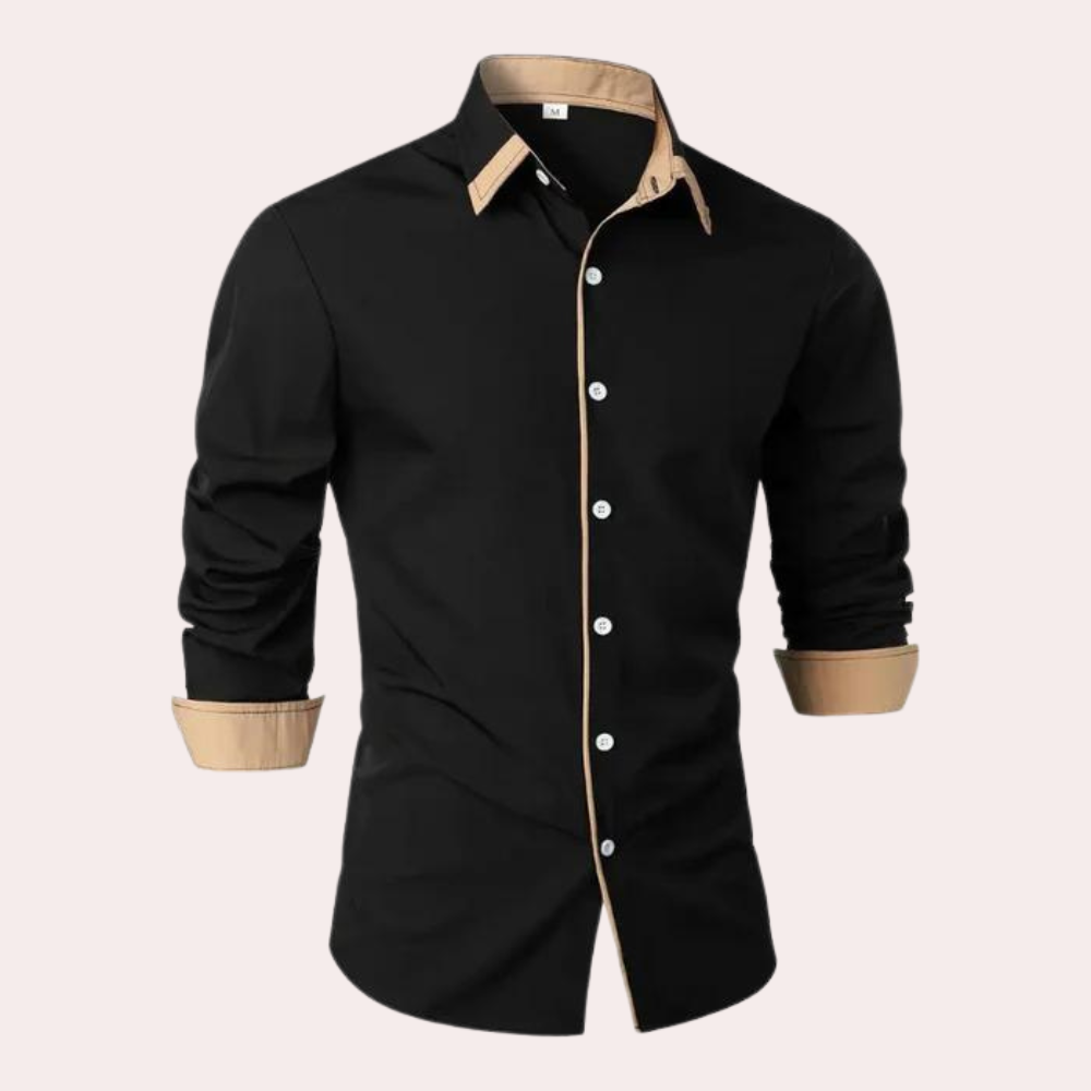 Schwarzes Herrenhemd mit beigem Kragen und Manschetten, langärmelig, elegant.