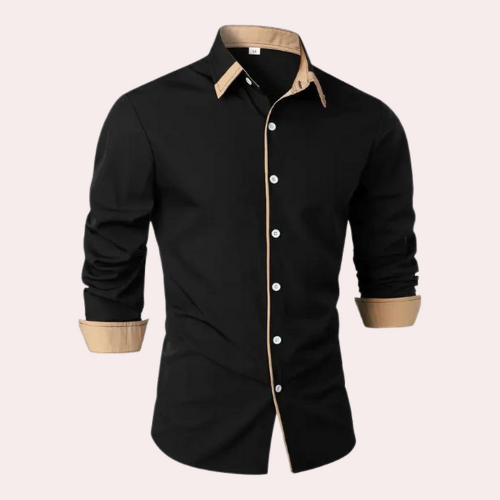 Schwarzes Herrenhemd mit beigem Kragen und Manschetten, langärmelig, elegant.