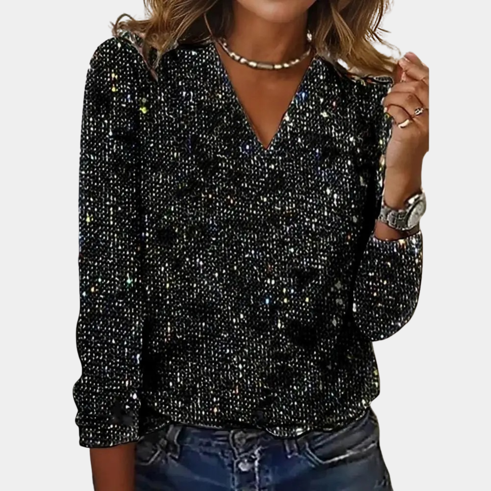 Funkelnde schwarze Damenbluse, V-Ausschnitt, lange Ärmel, elegantes Design, Party-Mode.