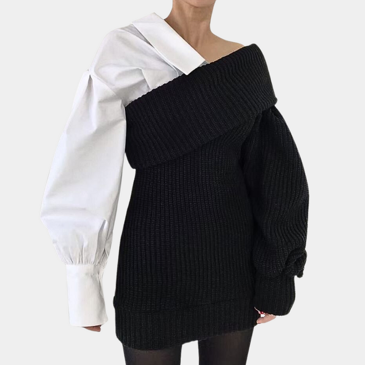 Gebrüschtes Off-Shoulder Kleid mit kontrastierenden Ärmeln – Selina